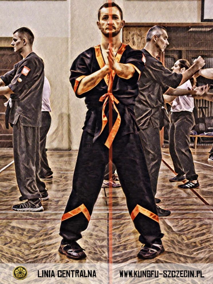 Plakat „Linia centralna” – instruktor Wing Tsun w czarnym stroju w pozycji gardy